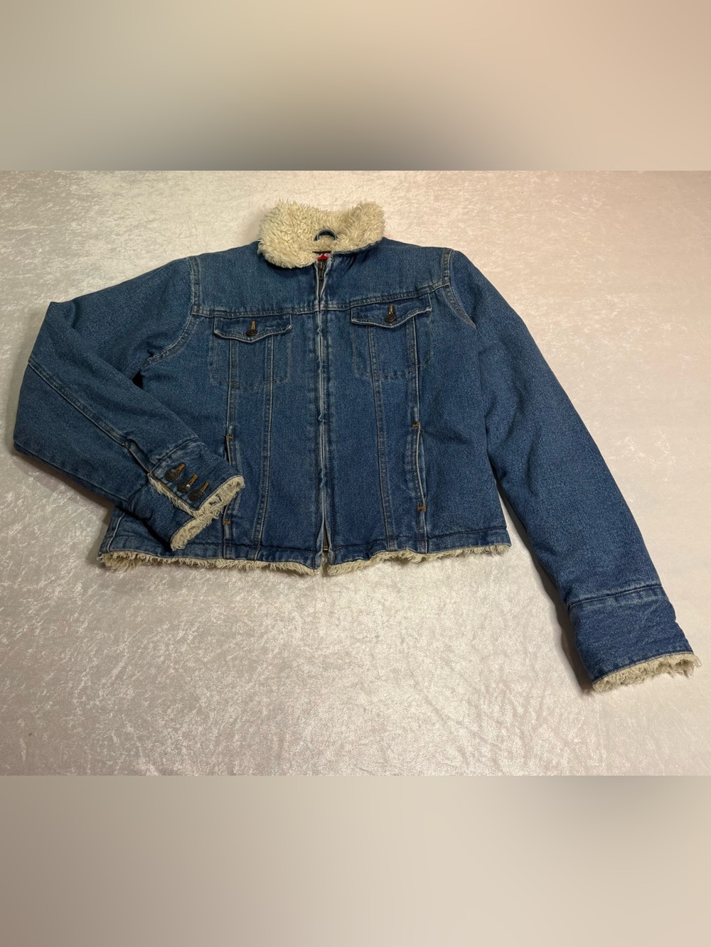 Sivel Denim Sherpa-Lined Jacket in Blue with Cream Sherpa Trim